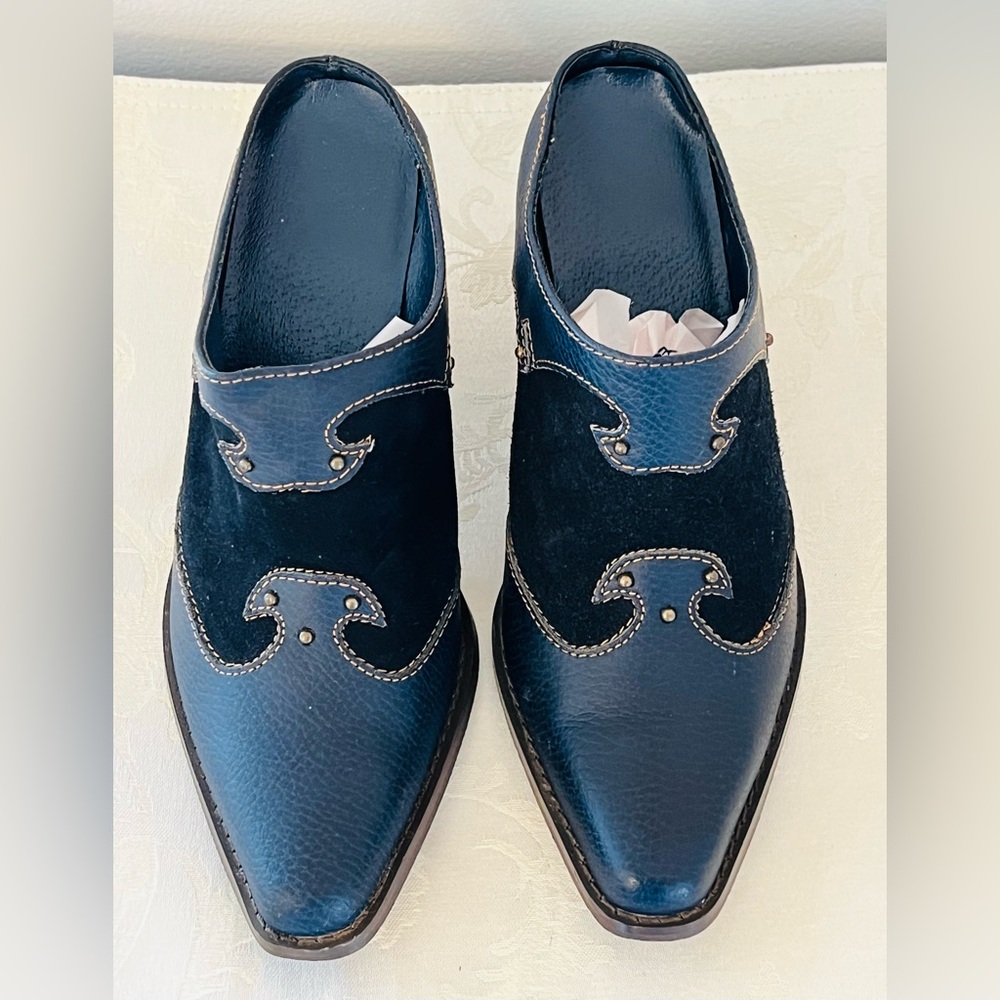 Women’s Retro Style Blue Suede And Leather Western Mules With 3” Heel Size 7 - Picture 4 of 11